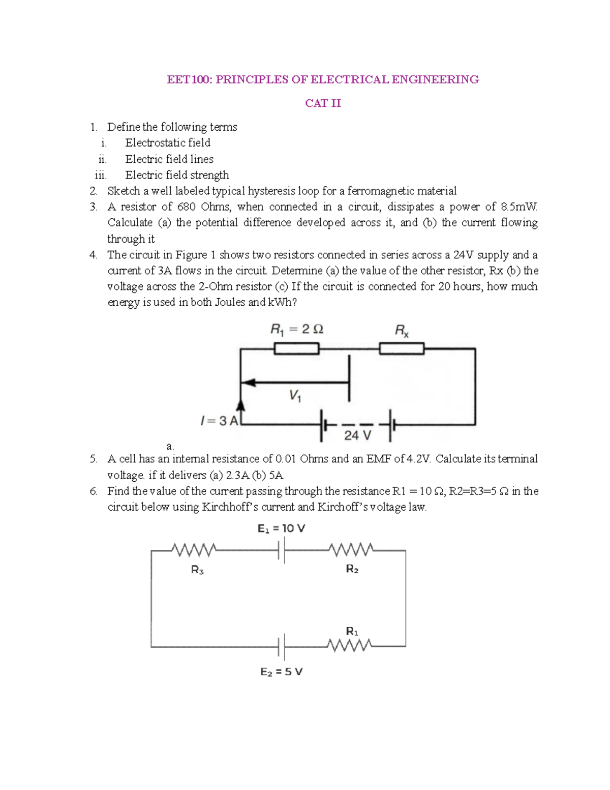 EET100: Principles of electrical engineering CAT II exam notes - Studocu
