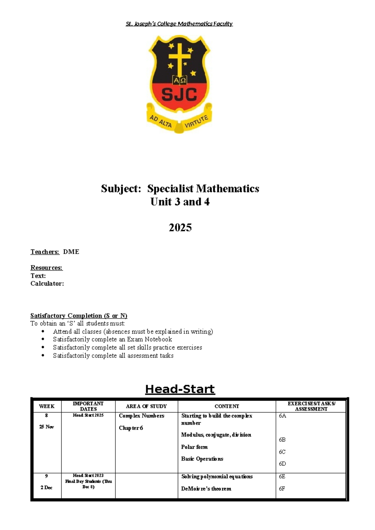 2025 Specialist Outline - St. Joseph’s College Mathematics Faculty ...