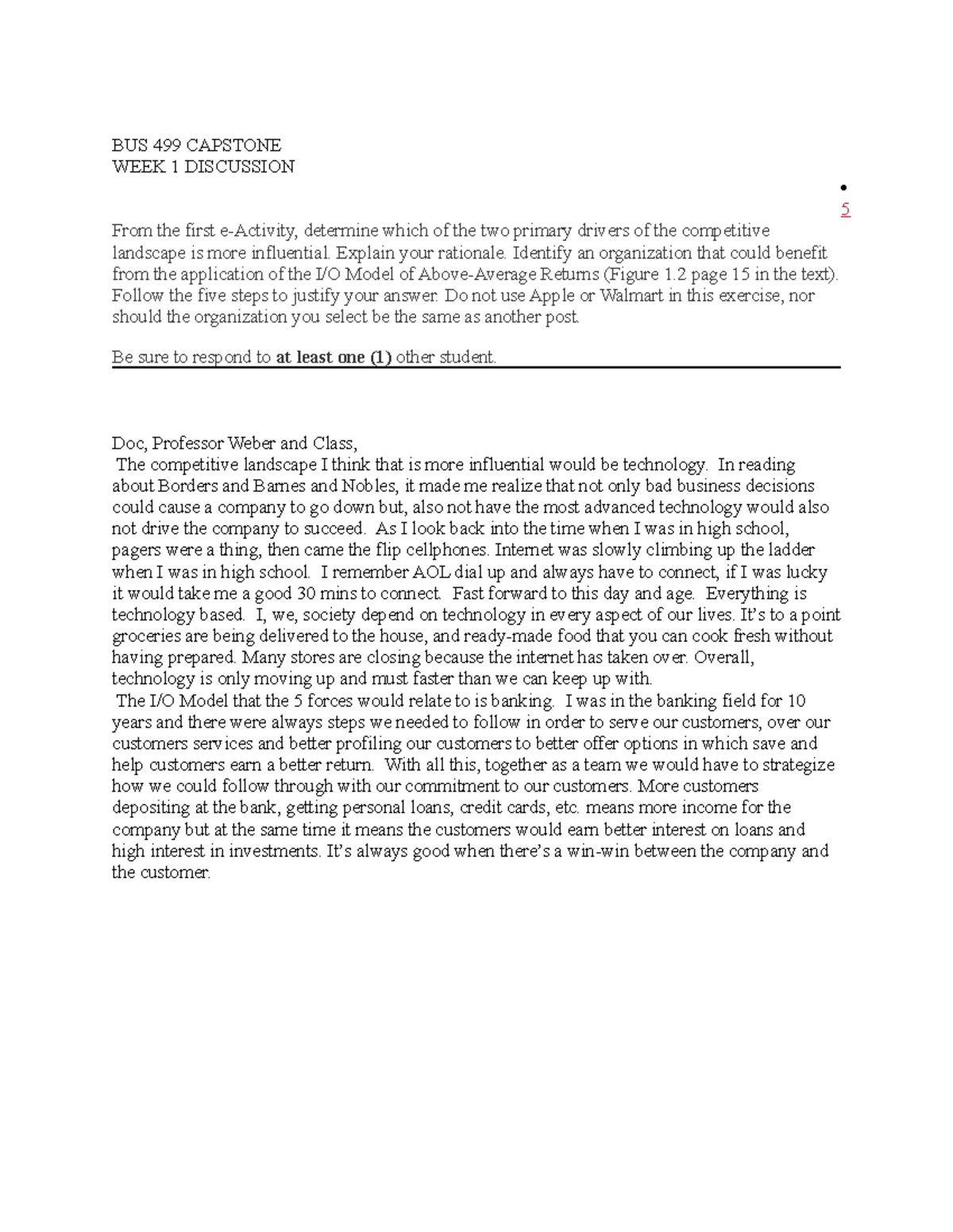 BUS 499 WEEK1 - DISCUSSION - BUS 499 CAPSTONE WEEK 1 DISCUSSION 5 From ...