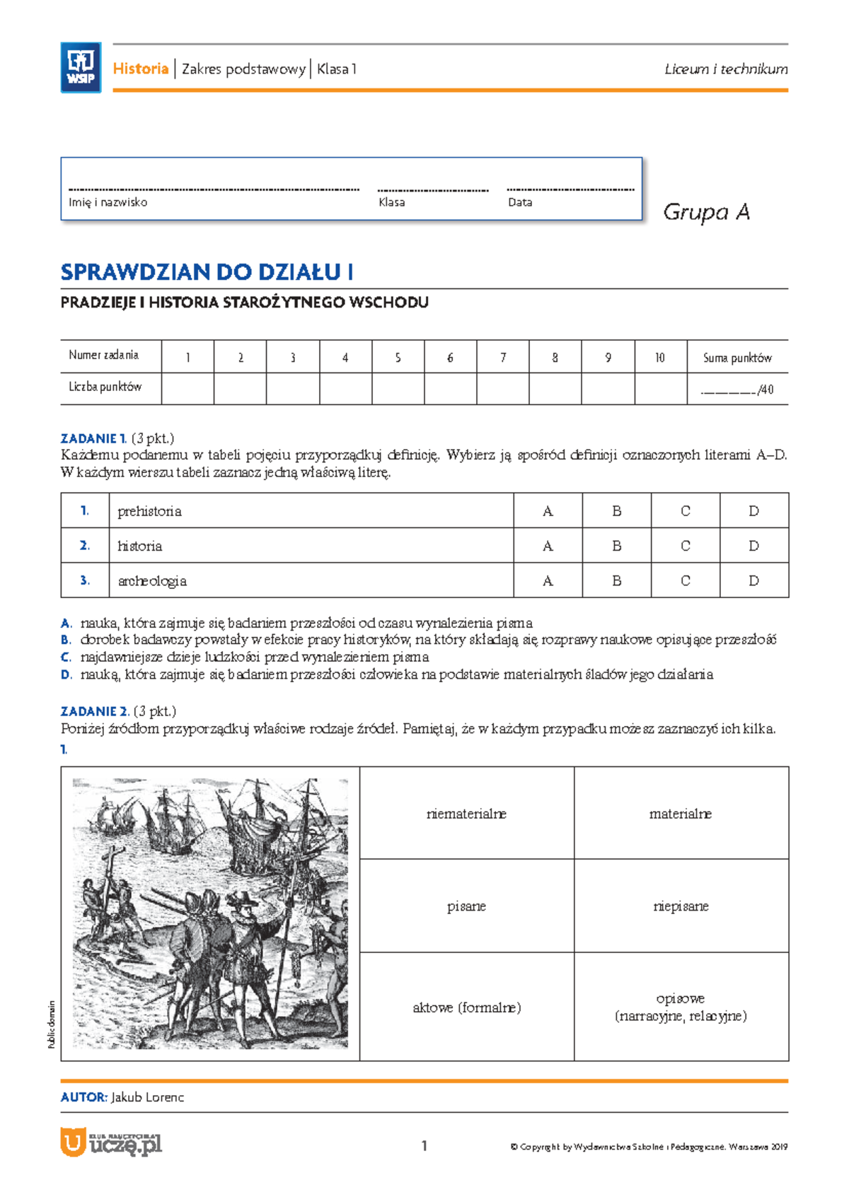 Hist SPP ZP Historia kl 1 Sprawdzian z Działu I: Pradzieje i Historia