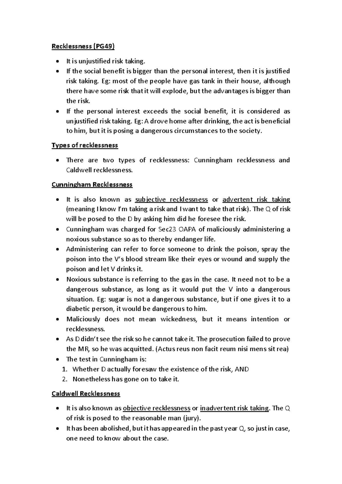 Chapter 6: Understanding Recklessness (PG49) - Types & Cases - Studocu
