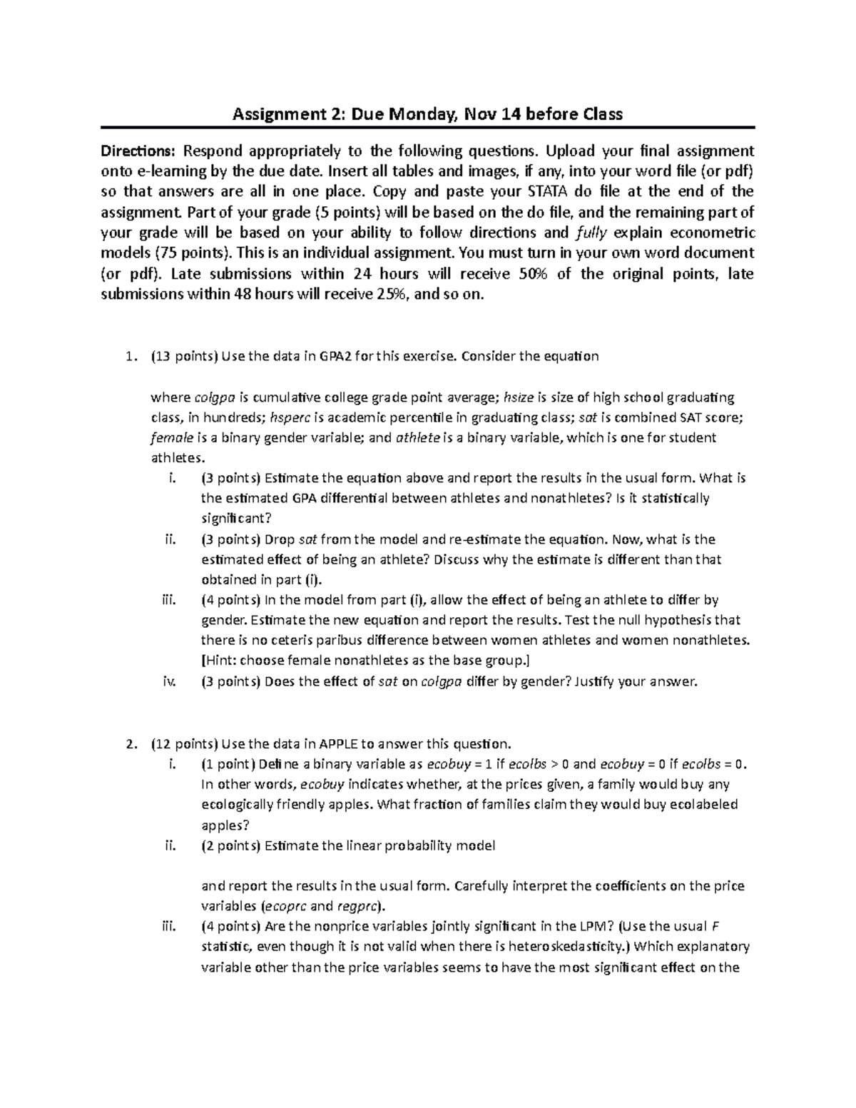 Assignment 2 - Econometrics Analysis Questions and Instructions - Studocu