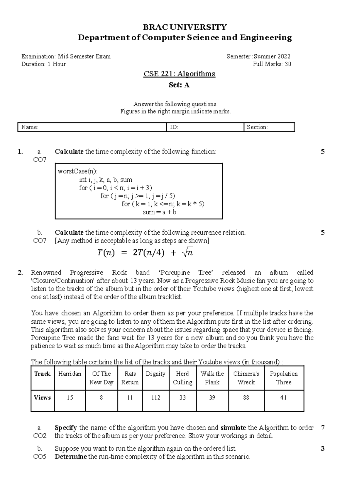CSE221 midterm question Summer 2022 - BRAC UNIVERSITY Department of ...