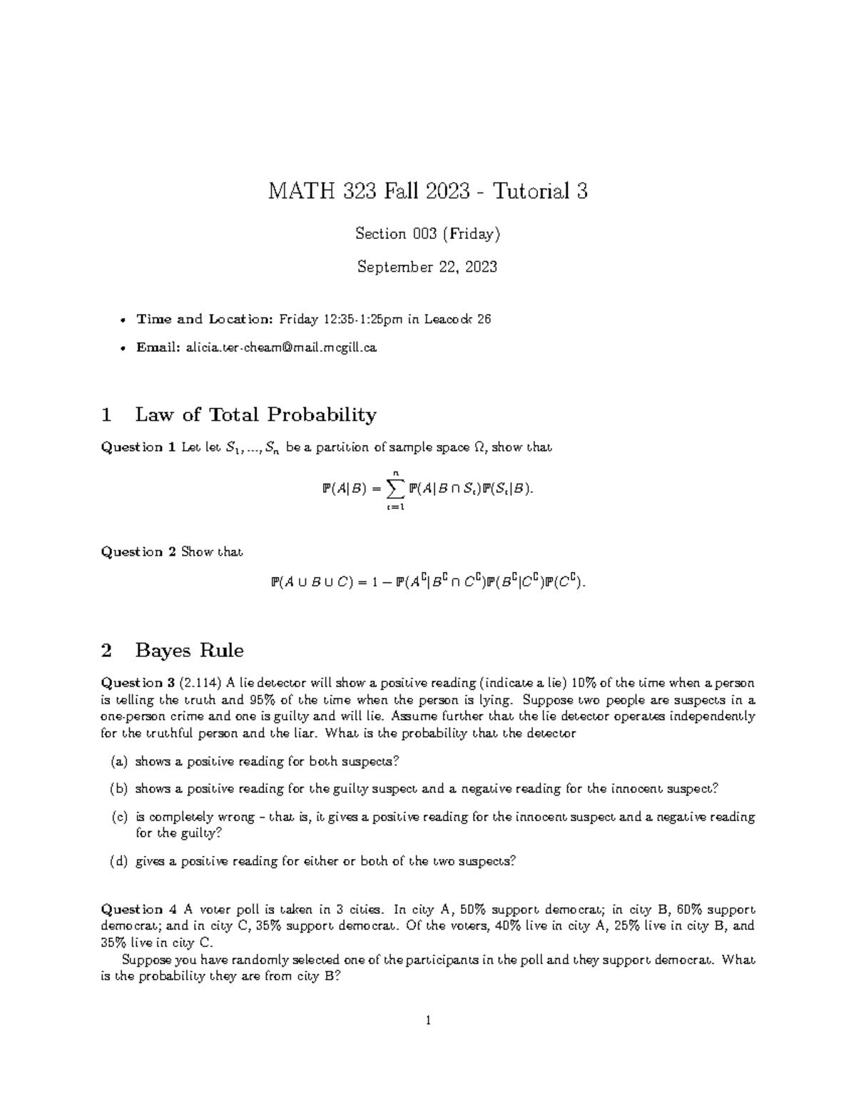 MATH 323 - Fall 2023 Tutorial 3: Law of Total Probability & Bayes Rule ...