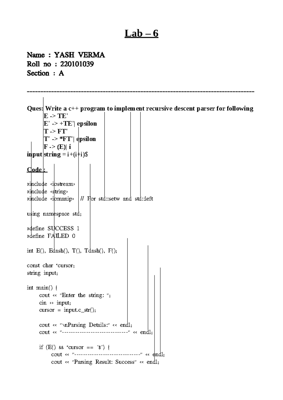 CSE 220: C++ Recursive Descent Parser Implementation Lab 6 - Studocu