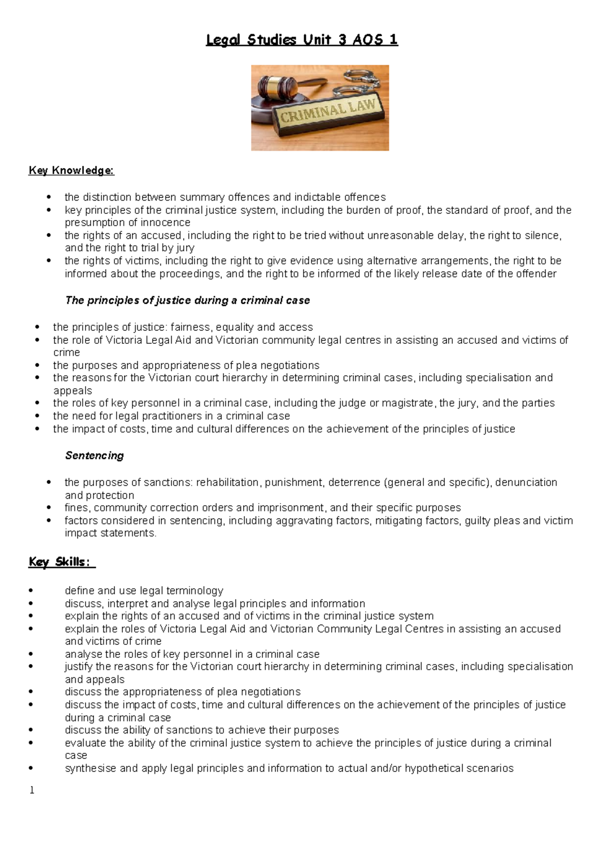 Legal Studies Unit 3 AOS 1: Key Principles of Criminal Justice System ...
