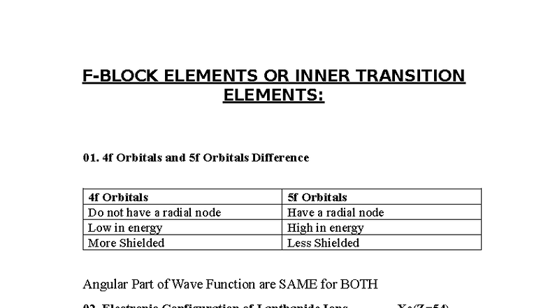 F Block Elements: 4f and 5f Orbitals Differences and Properties - Studocu