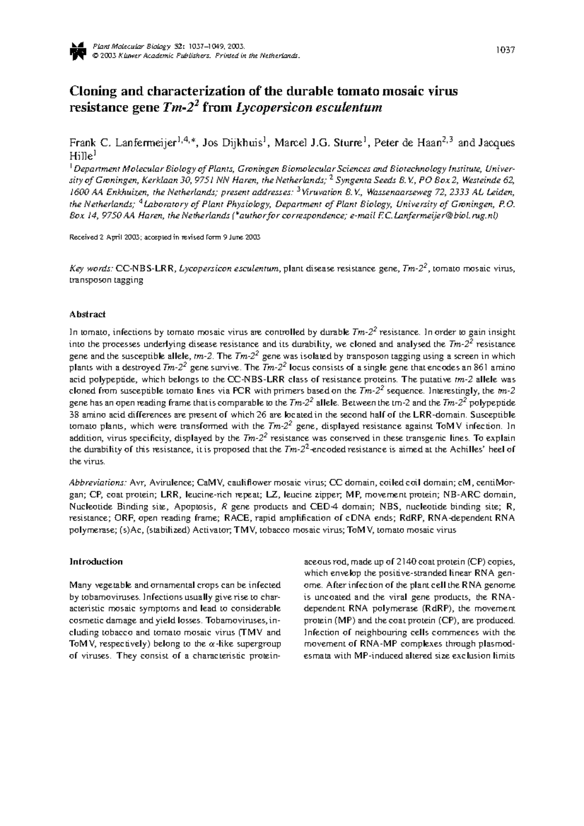 Cloning and Characterization of Tomato Mosaic Virus Resistance Gene ...
