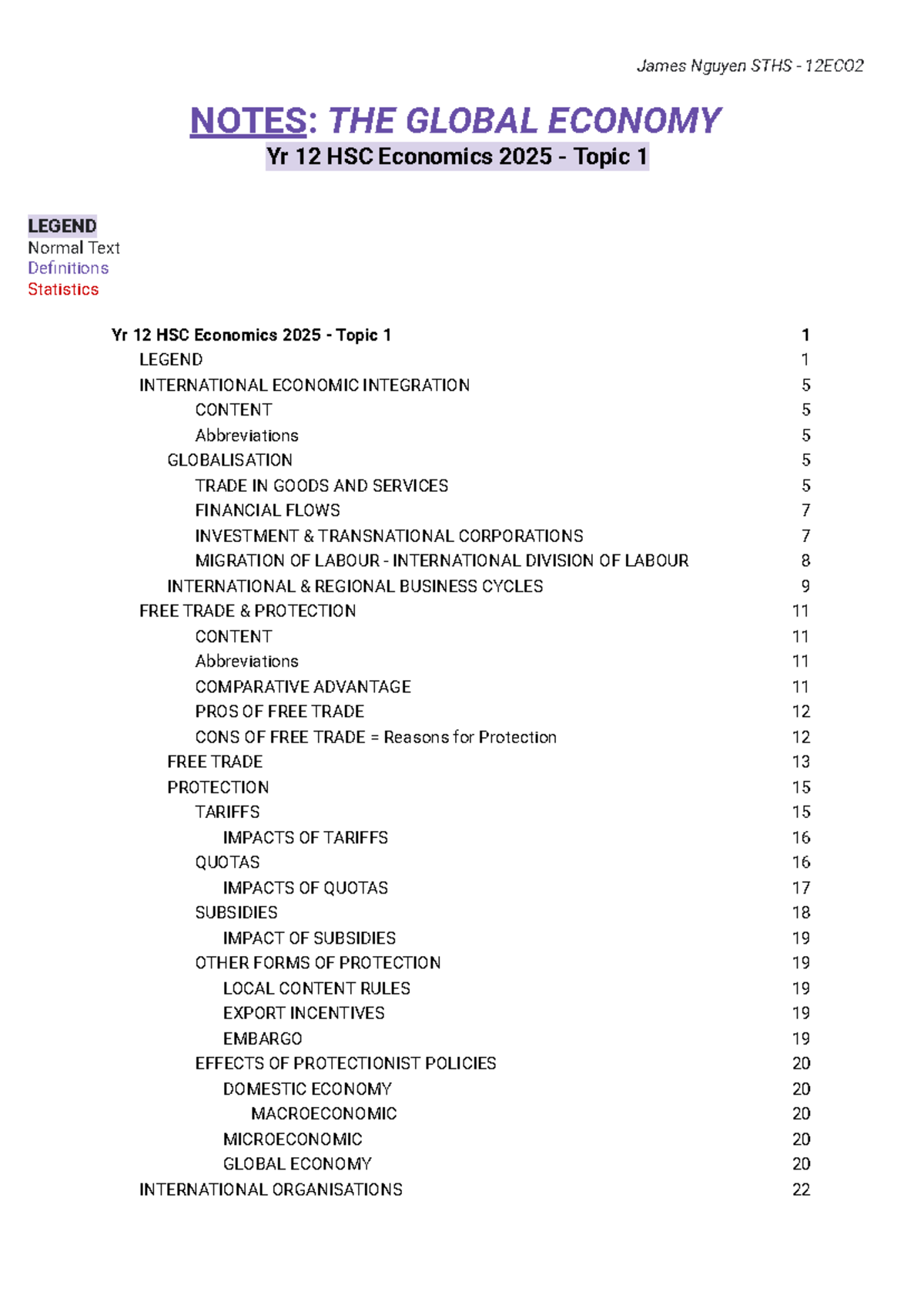 Topic 1: The Global Economy - Yr 12 HSC Economics 2025 Notes - Studocu