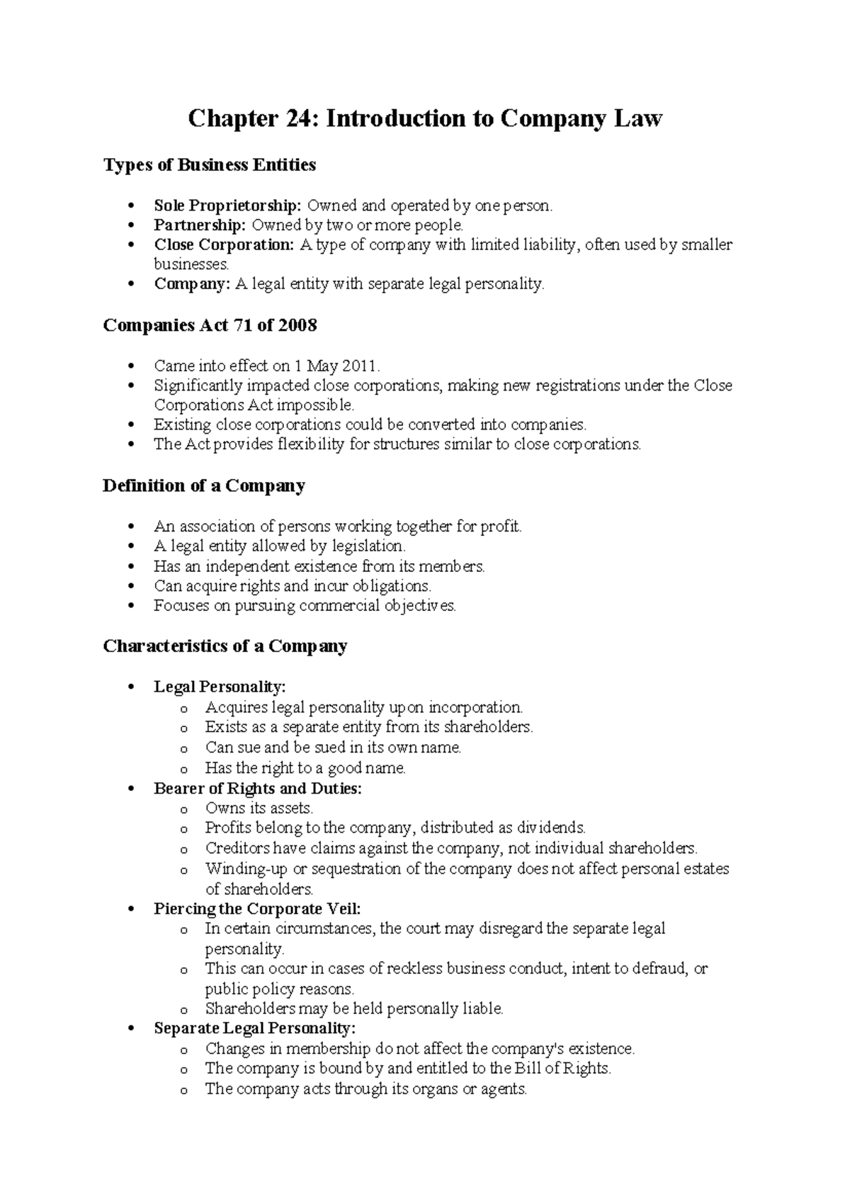 Company Law Overview: Key Concepts & Structures (LAW 101) - Studocu