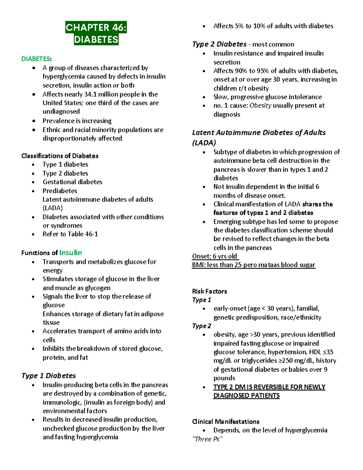 DIABETES: Lecture Notes on Types, Management, and Complications - Studocu