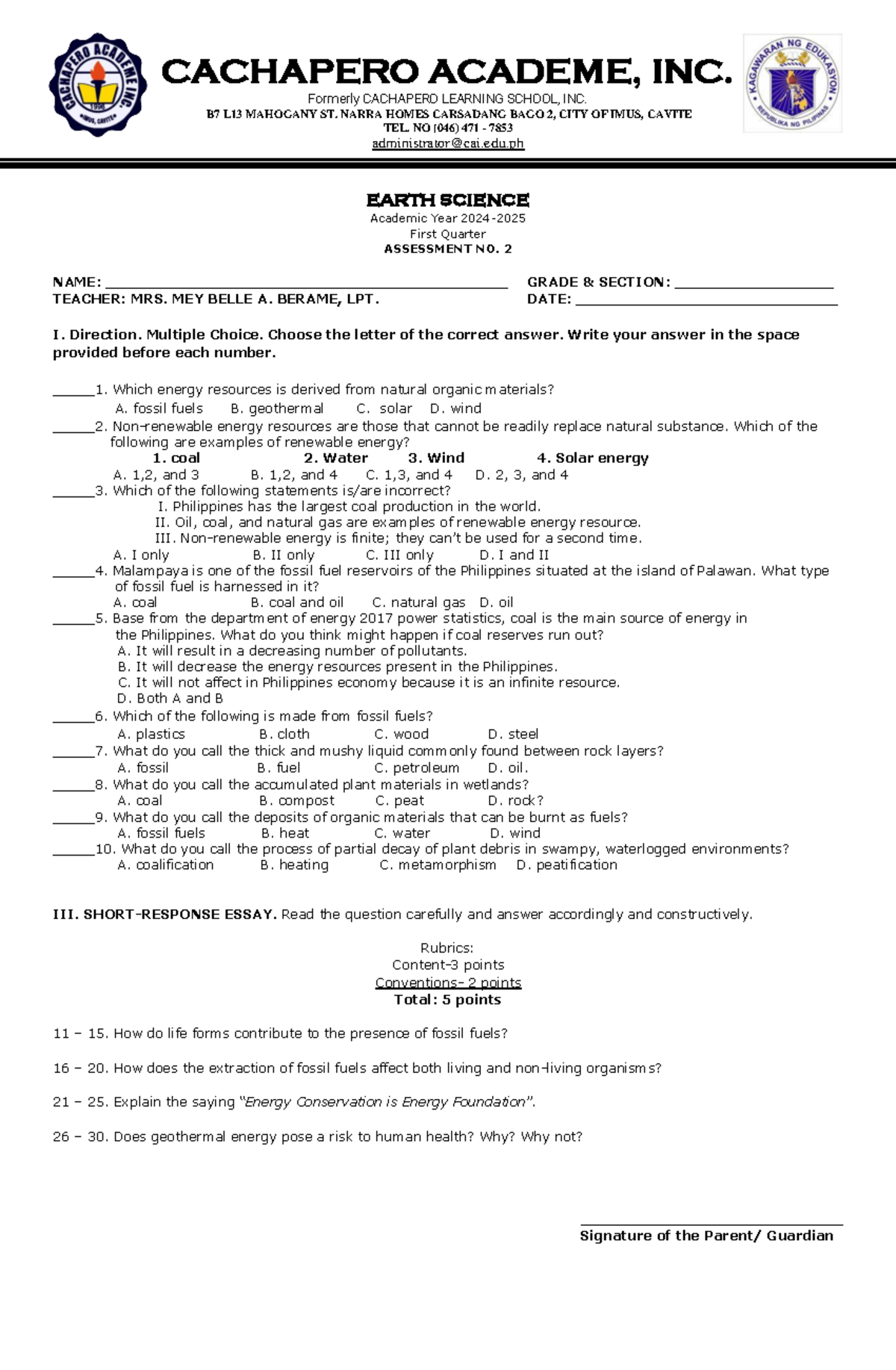 Q1 Assessment 2: Energy Resources in Earth Science (Course Code: ES101 ...