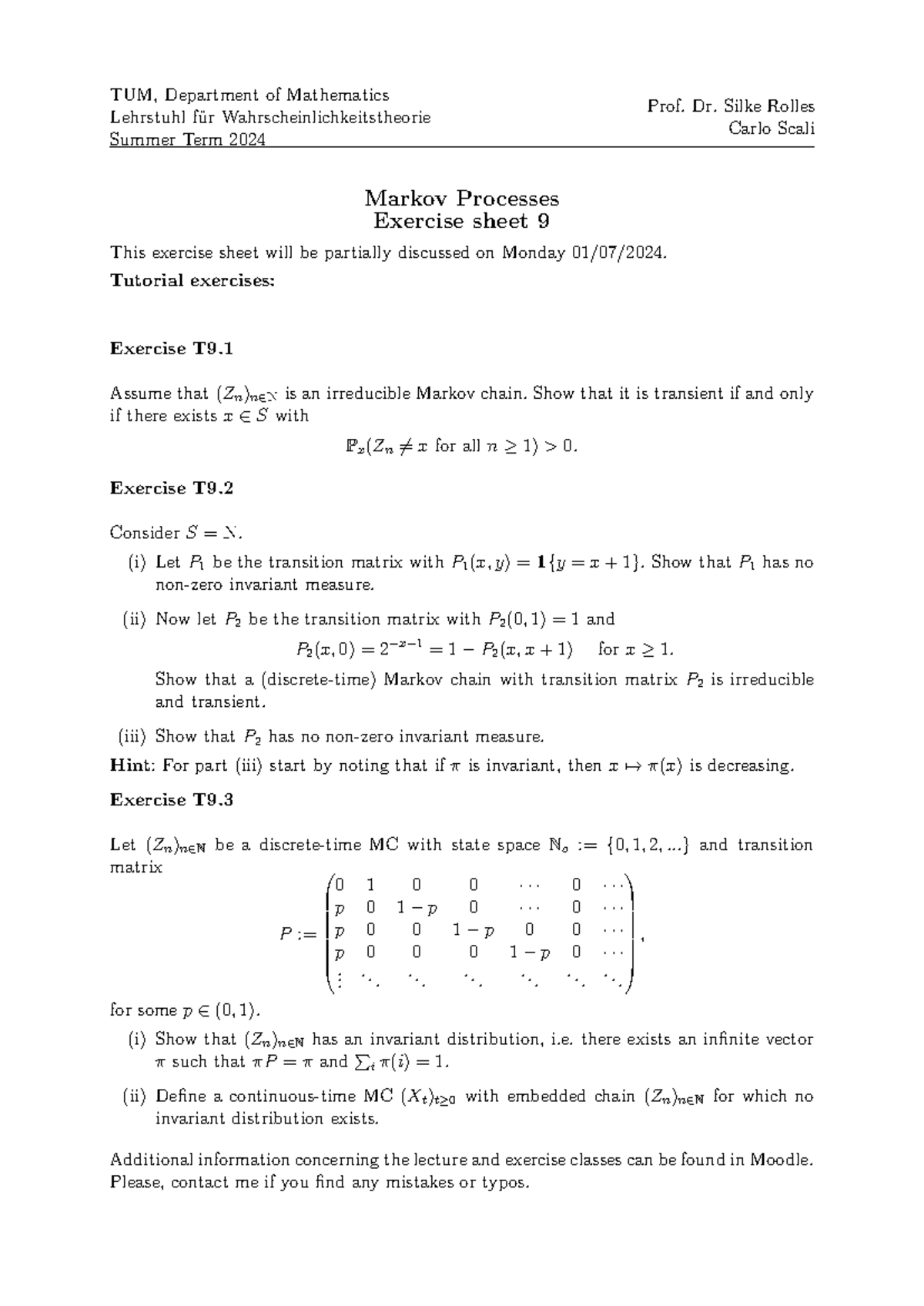 Problem Sheet 9 - TUM, Department of Mathematics Lehrstuhl für ...