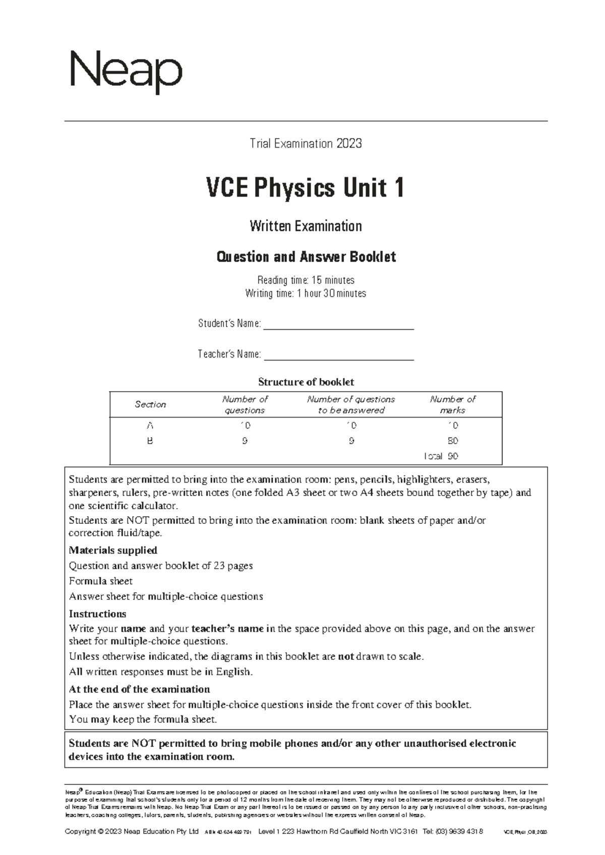 VCE Physics Unit 1 Trial Exam Question & Answer Booklet 2023 - Studocu