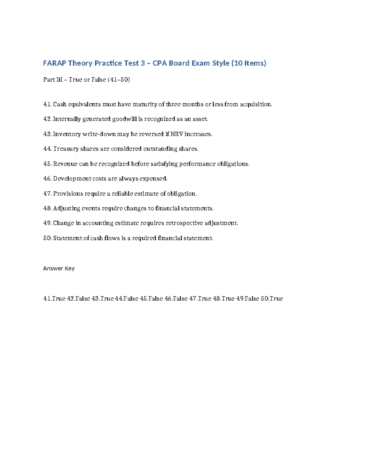 FARAP Theory Practice Test 3: True or False Questions - Studocu
