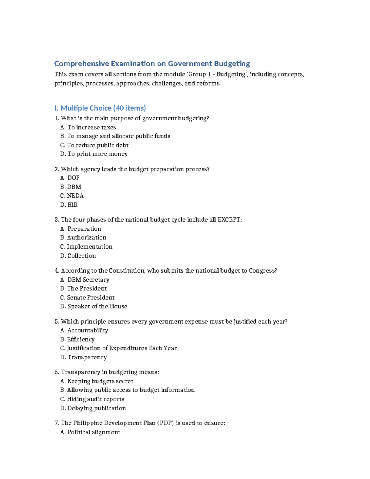 Comprehensive Exam on Government Budgeting (Module 1) - Studocu