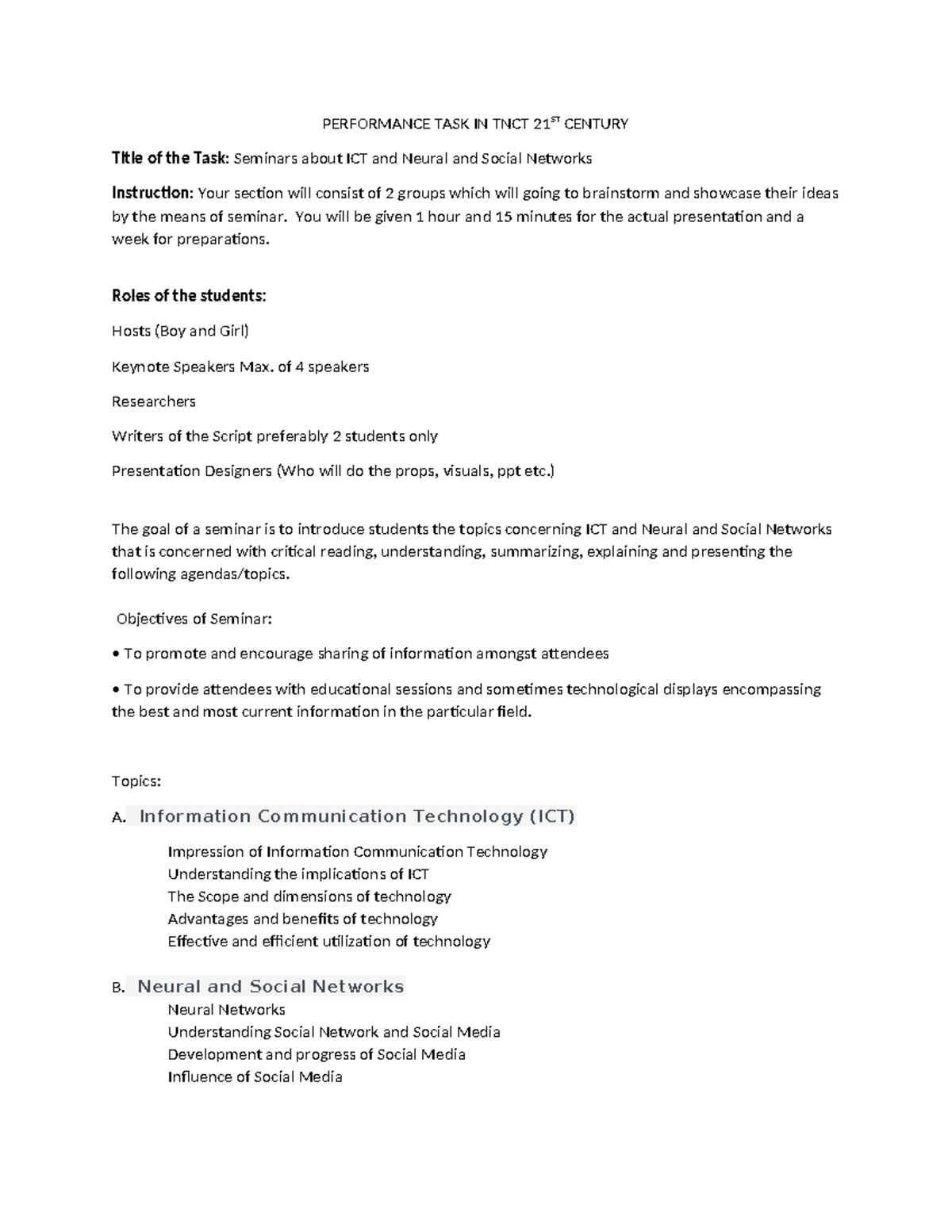 Performance Task: Seminars on ICT & Neural Networks in TNCT - Studocu