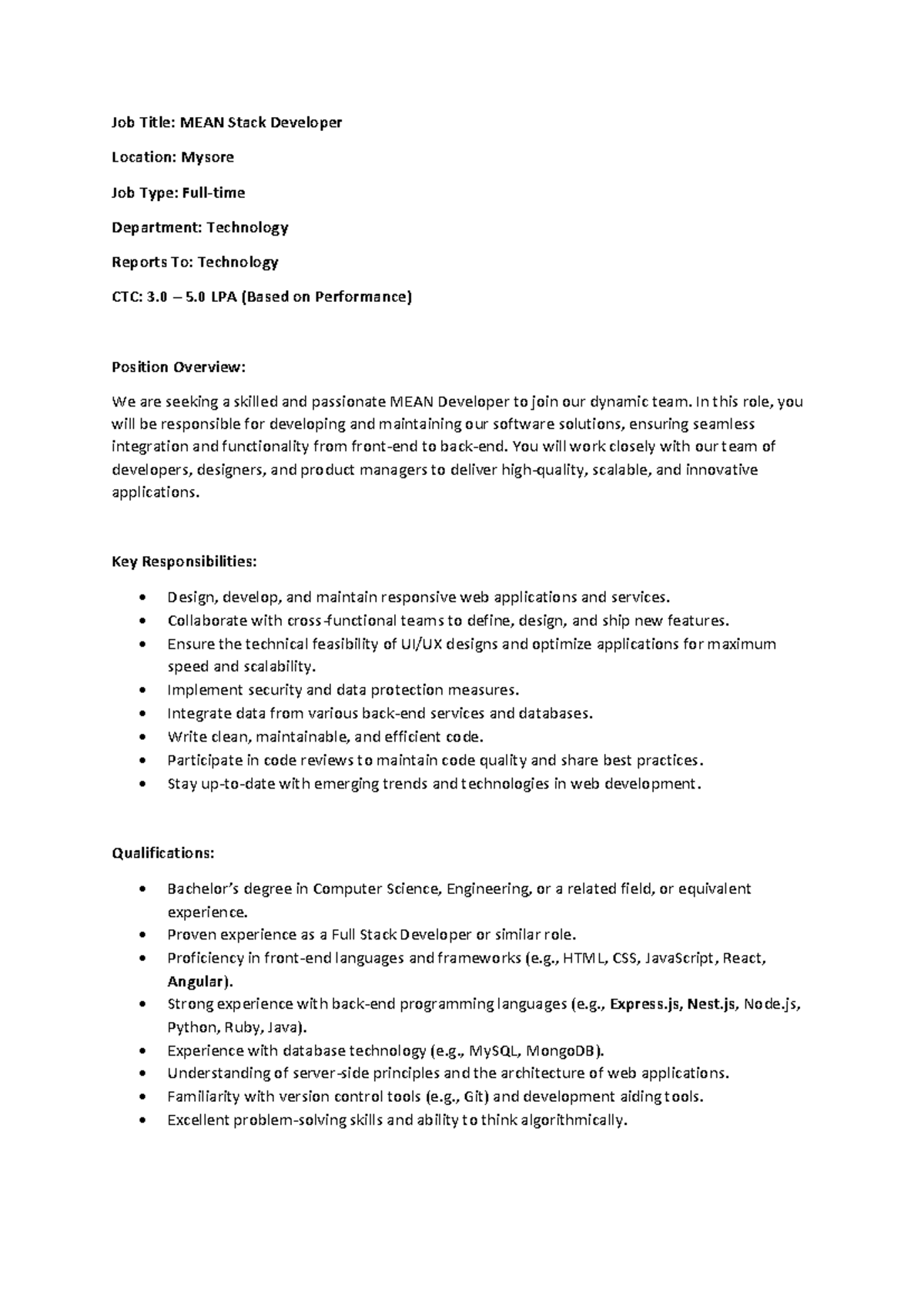 MEAN Stack Developer Job Description - Full-time Mysore Role - Studocu