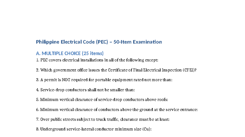 PEC 50 Item Exam - Pec exam - Philippine Electrical Code (PEC) – 50 ...