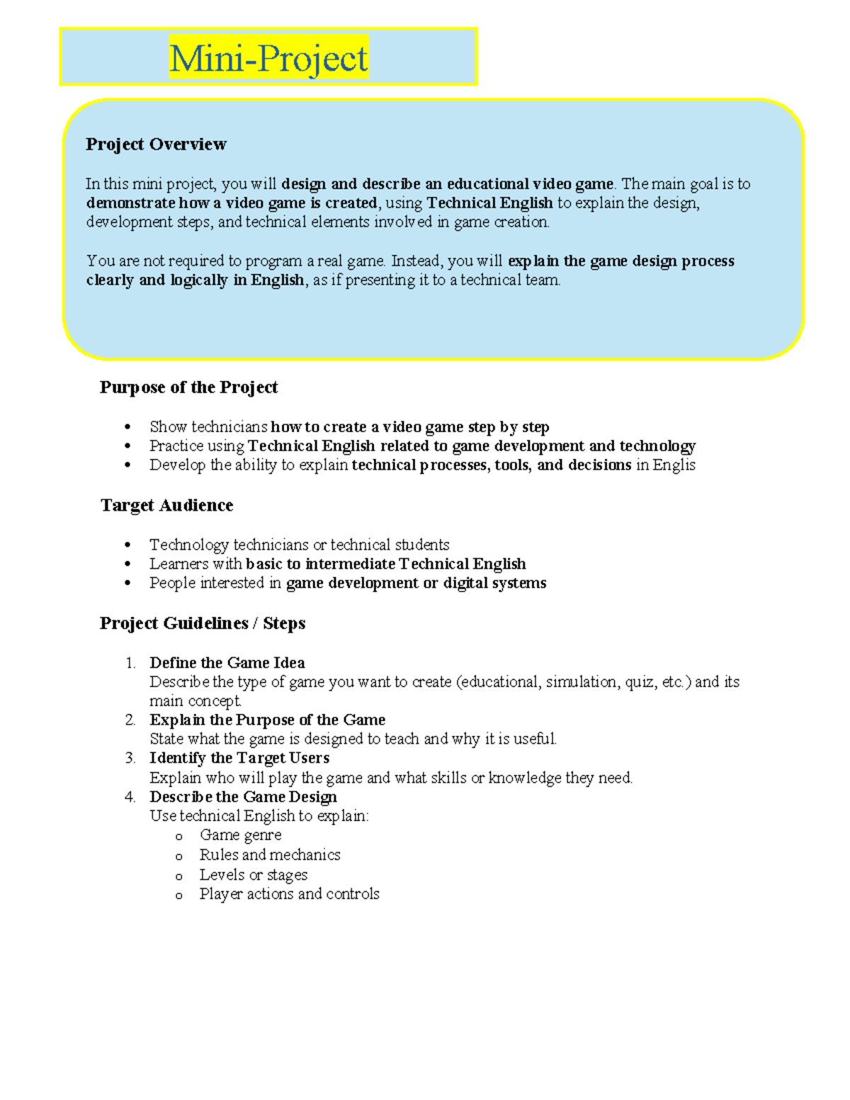 Mini-Project Overview: Designing an Educational Video Game - DAA - Studocu