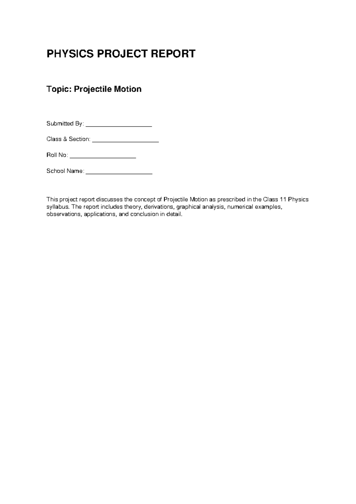 Class 11 Physics Project Report: Understanding Projectile Motion - Studocu