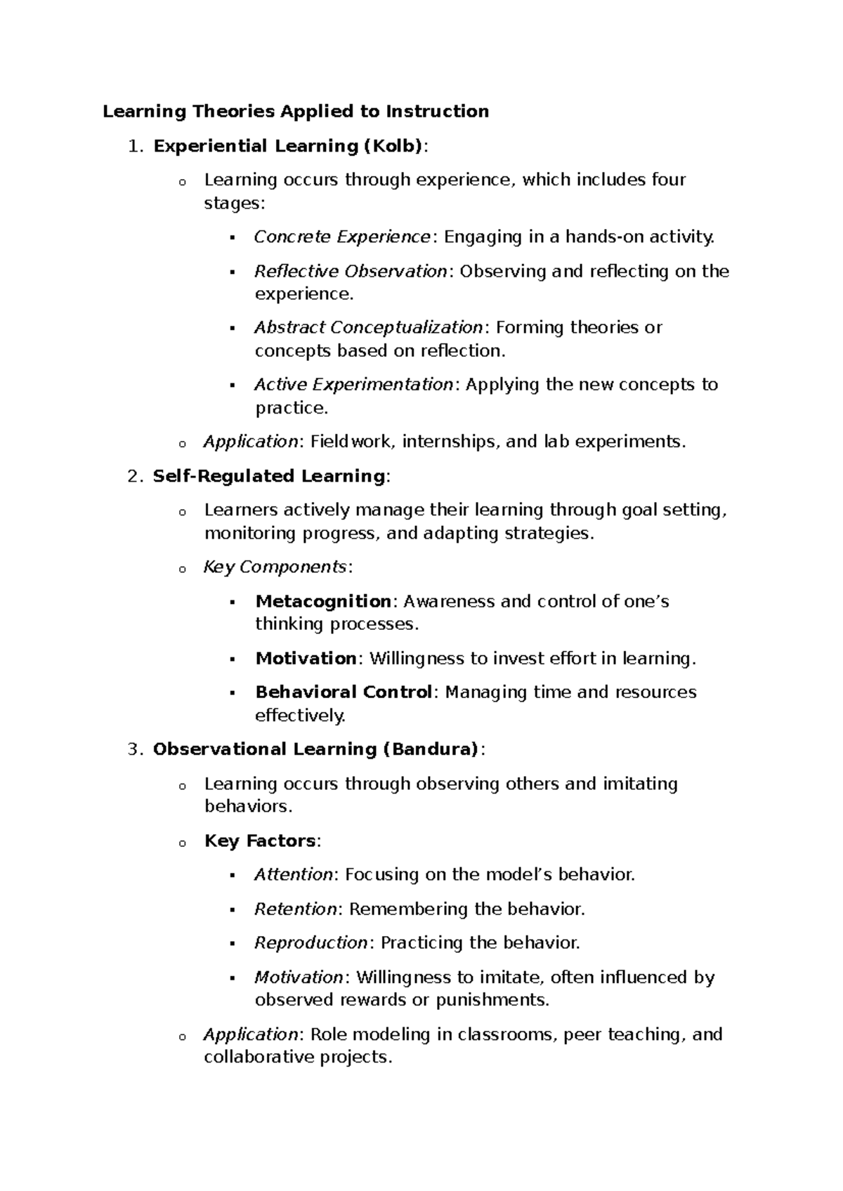 Notes 5 - Learning Theories Applied to Instruction 1. Experiential ...