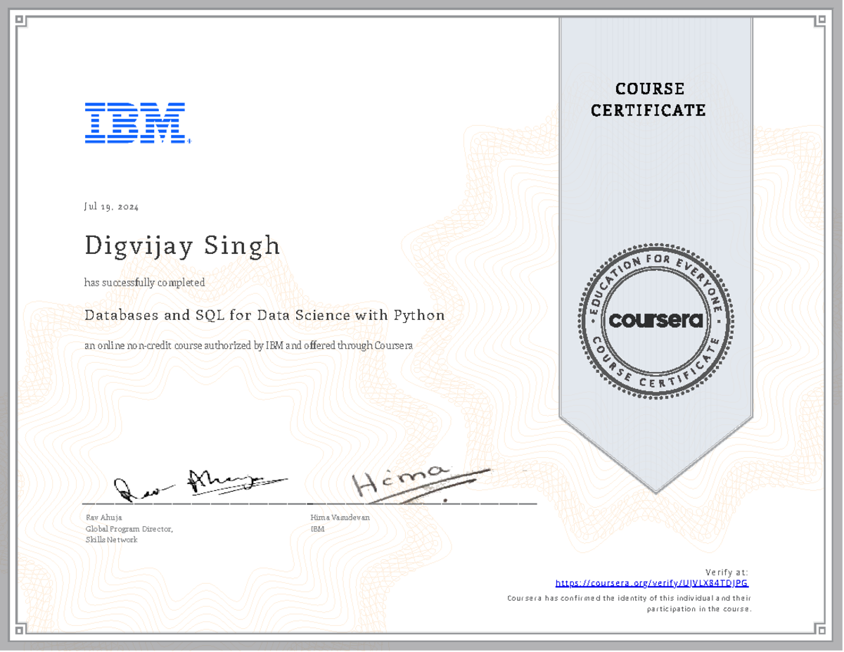 Databases and SQL for Data Science with Python - Course Completion ...