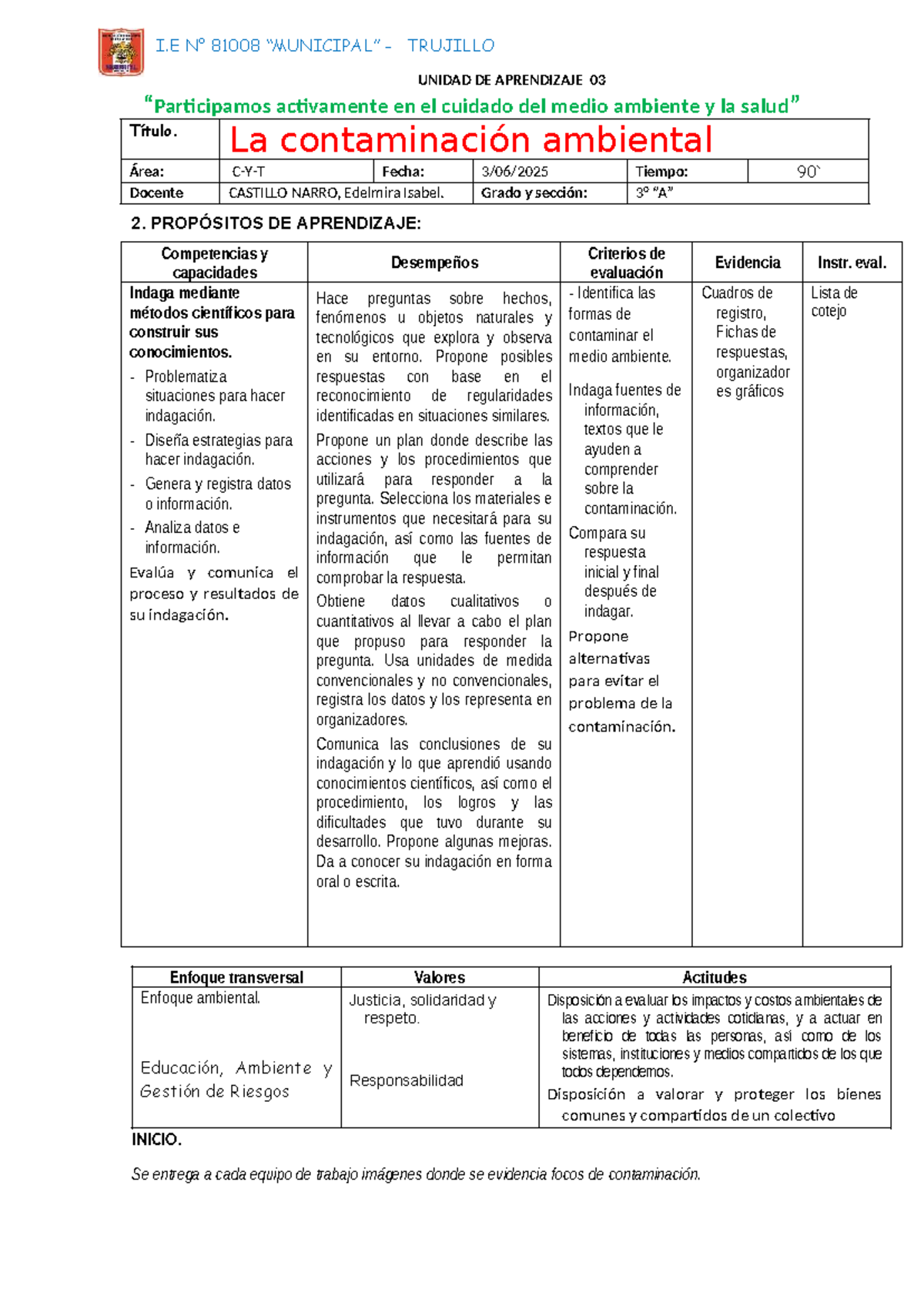 I.E 81008 - Unidad de Aprendizaje 03: Cuidado del Medio Ambiente - Studocu