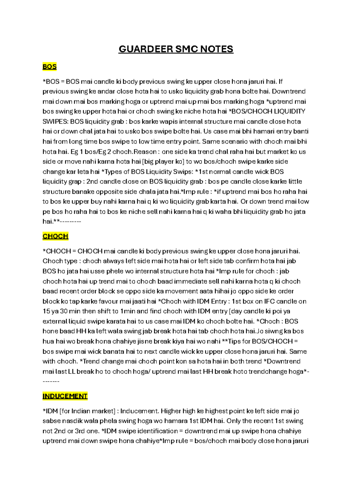GUARDEER SMC NOTES (900153798) - BOS, CHOCH, IDM & FVG Insights - Studocu