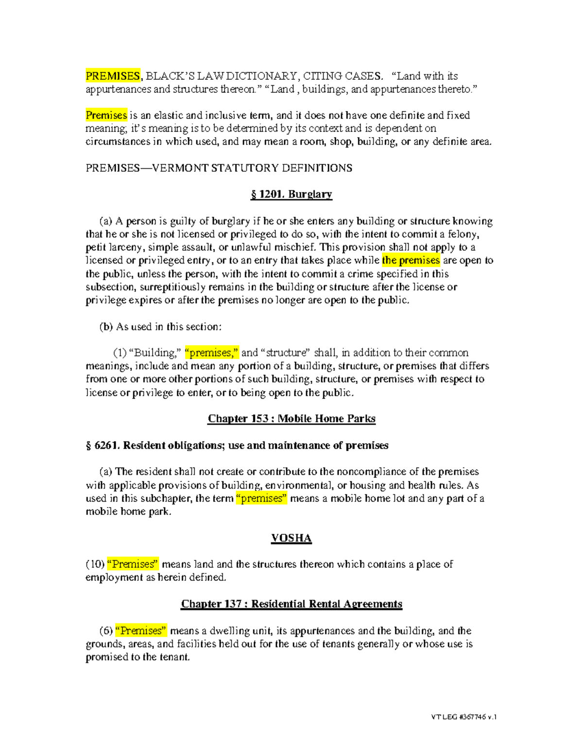 Vermont Statutory Definitions of Premises (H.230) - Studocu