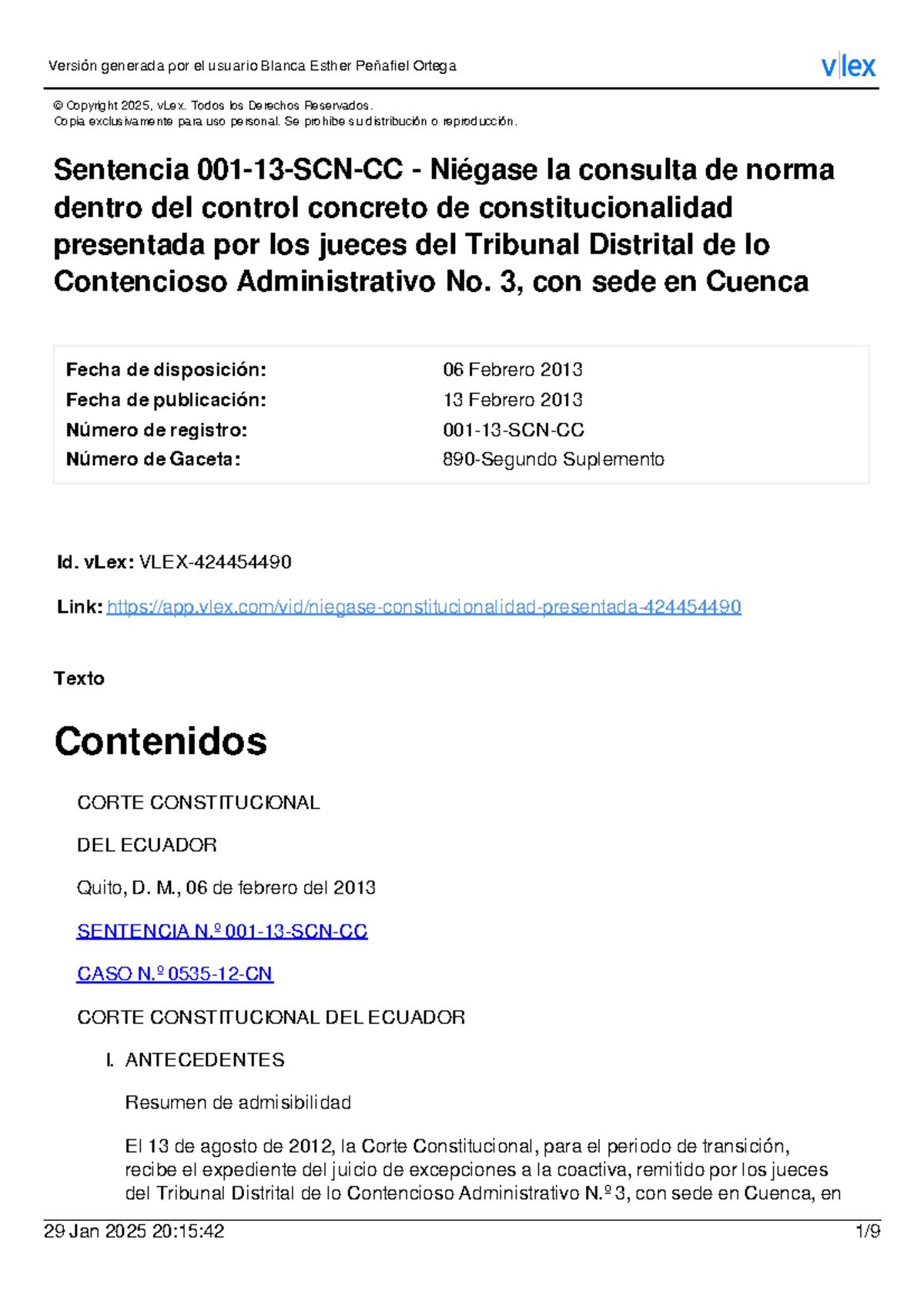 Sentencia No. 001-13-SCN-CC: Consulta de Norma en Control ...