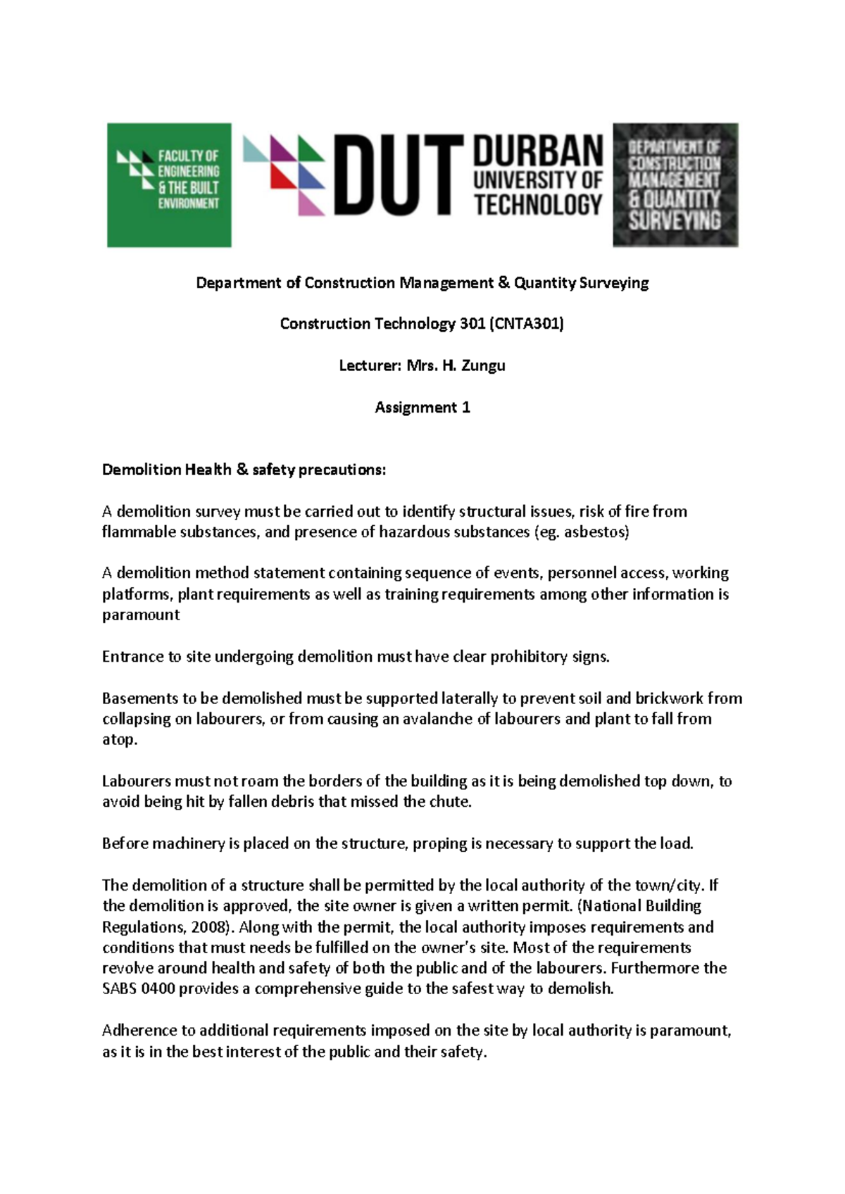 CNTA301 Assignment 1 - Department of Construction Management & Quantity ...
