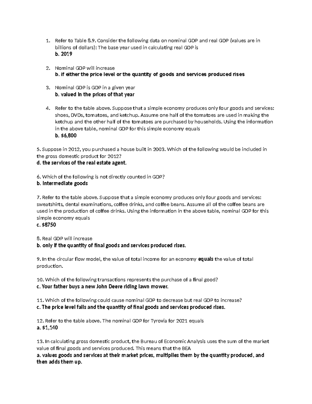 Bus 1104 Unit 1 Self Quiz: Understanding GDP Concepts and Calculations ...