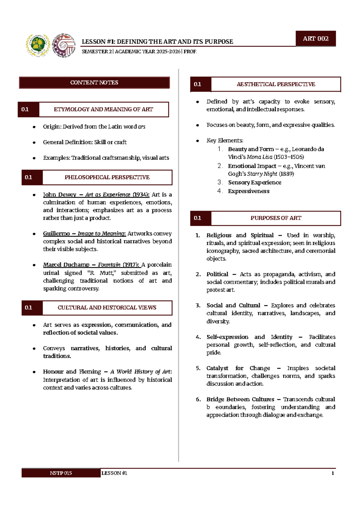 ART 002 - Comprehensive Lesson Notes on Art's Definition and Purpose ...
