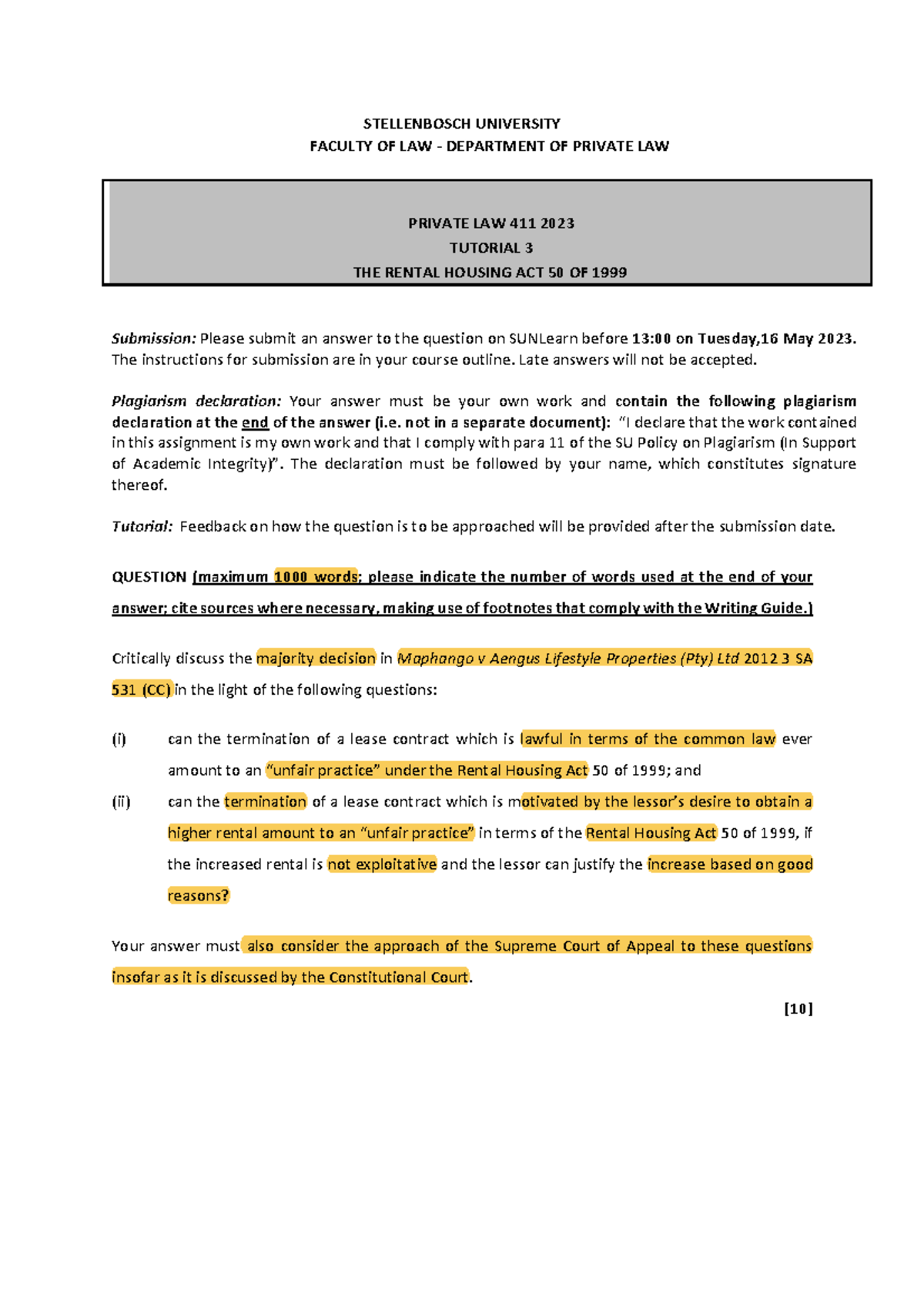 Tut 3 Brief - specific contracts - STELLENBOSCH UNIVERSITY FACULTY OF ...