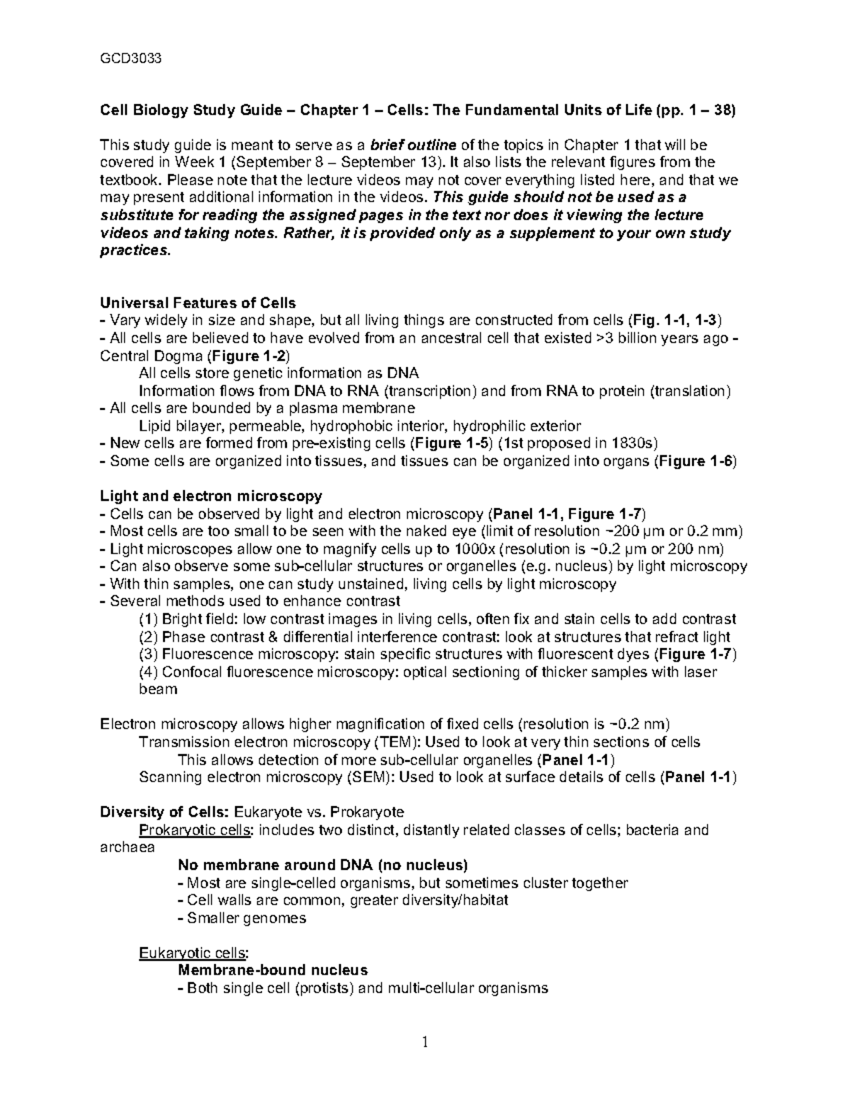Study Guide for GCD3033 - Chapter 1: Basics of Cell Biology - Studocu