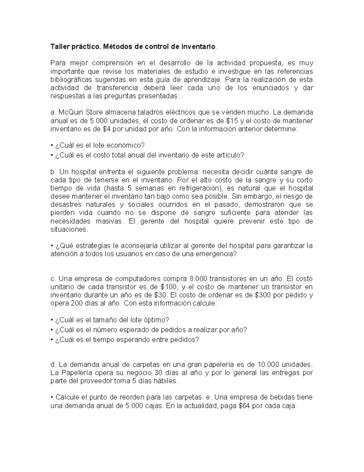 Taller Práctico: Métodos de Control de Inventario y Estrategias - Studocu