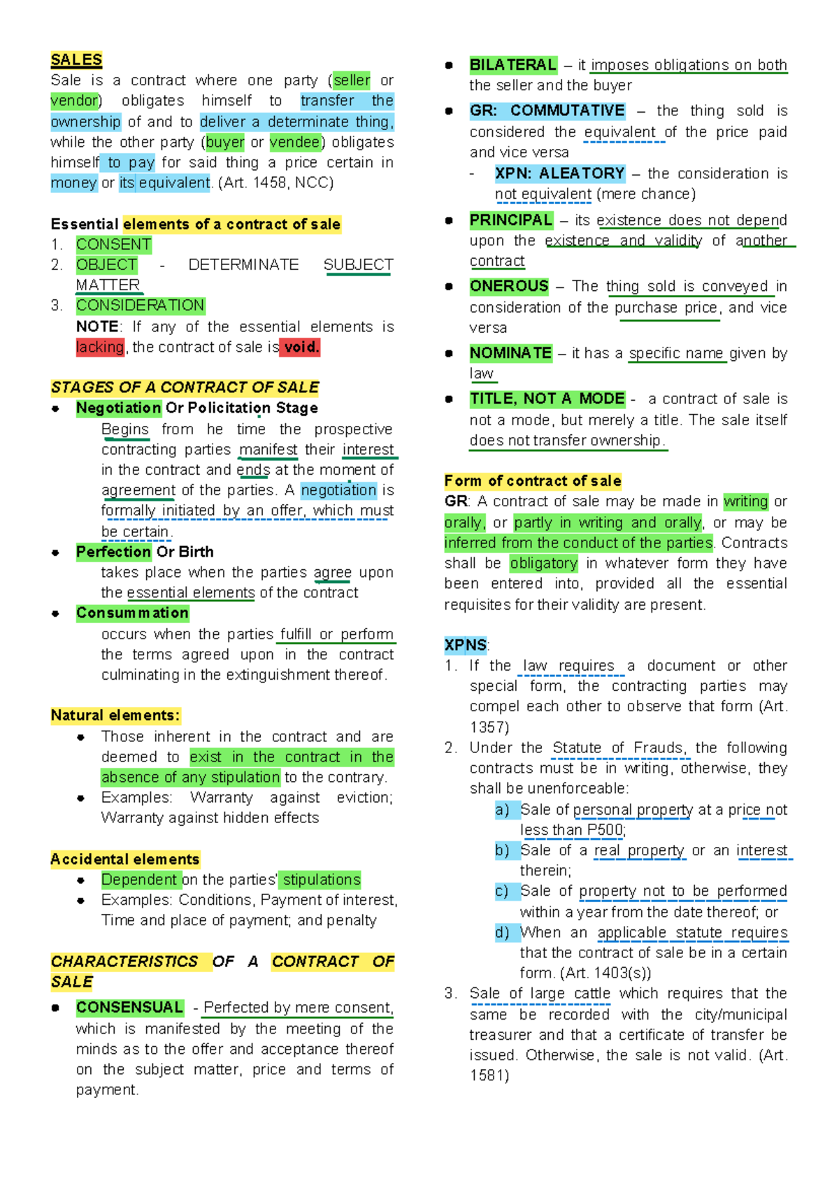 SALES 101: Essential Elements & Stages of a Contract of Sale - Studocu