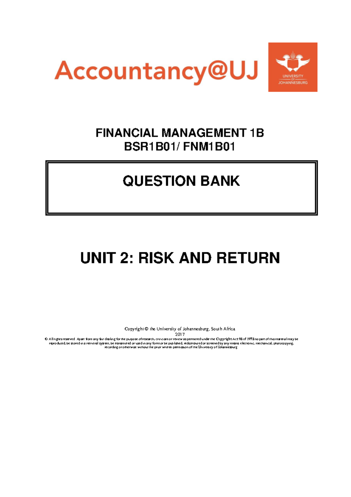 Financial Management 1B: Risk and Return Question Bank (BSR1B01/FNM1B ...
