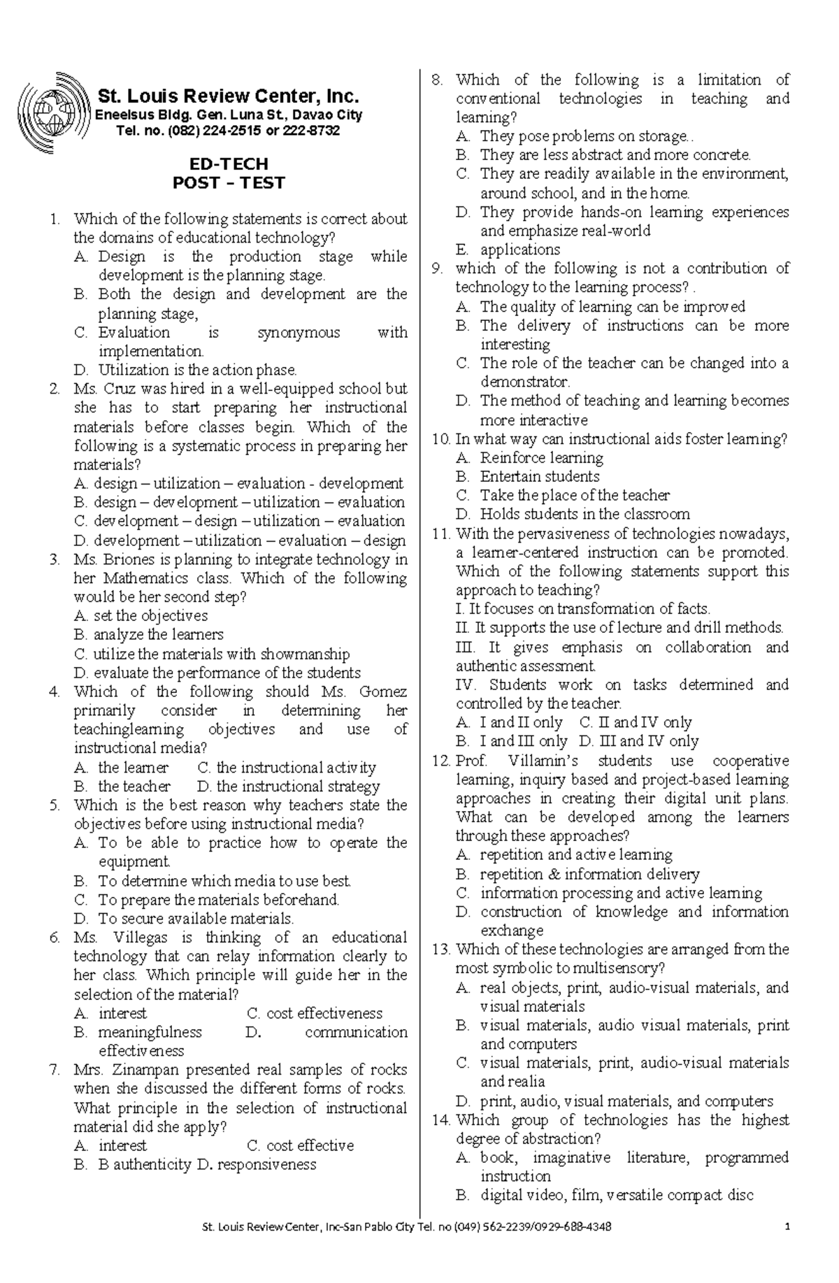 ED-TECH Post-Test: Educational Technology Test Questions & Answers ...