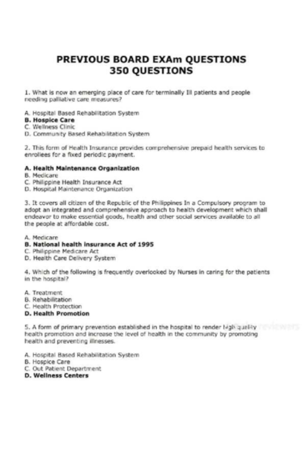 Previous Board Exam Questions for Nursing (350 Questions) - Studocu