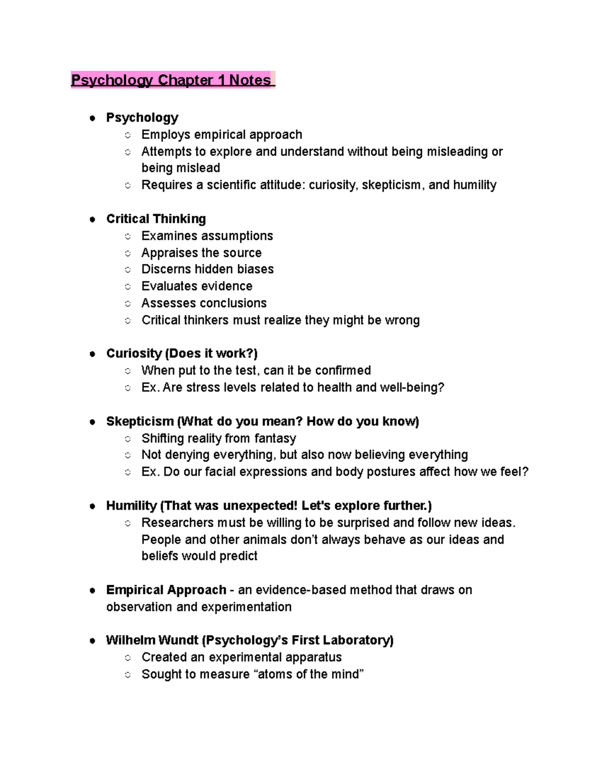 PSY 101 Chapter 1 Notes on Critical Thinking and Psychology Foundations ...