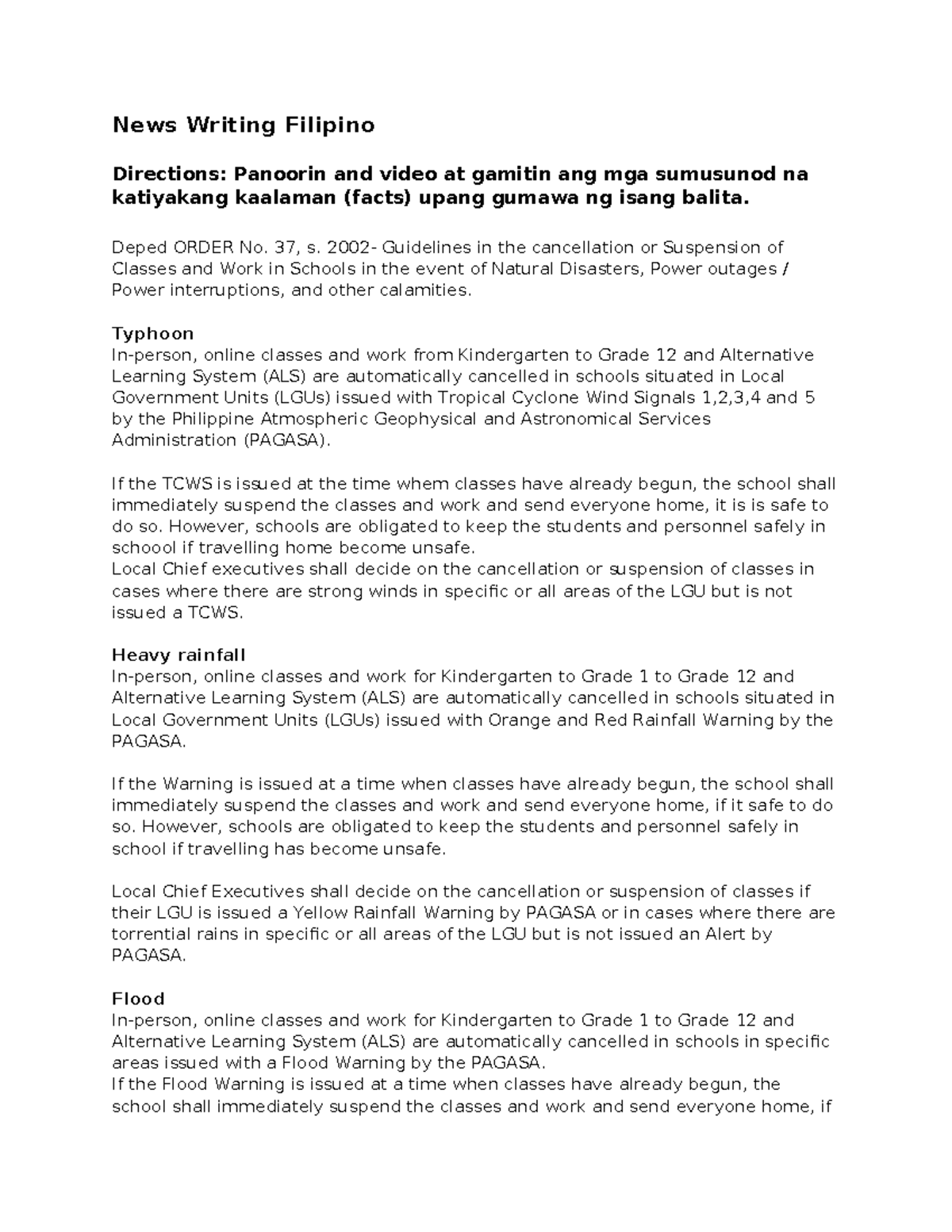News Writing Filipino: Guidelines on Class Suspension Due to Disasters ...