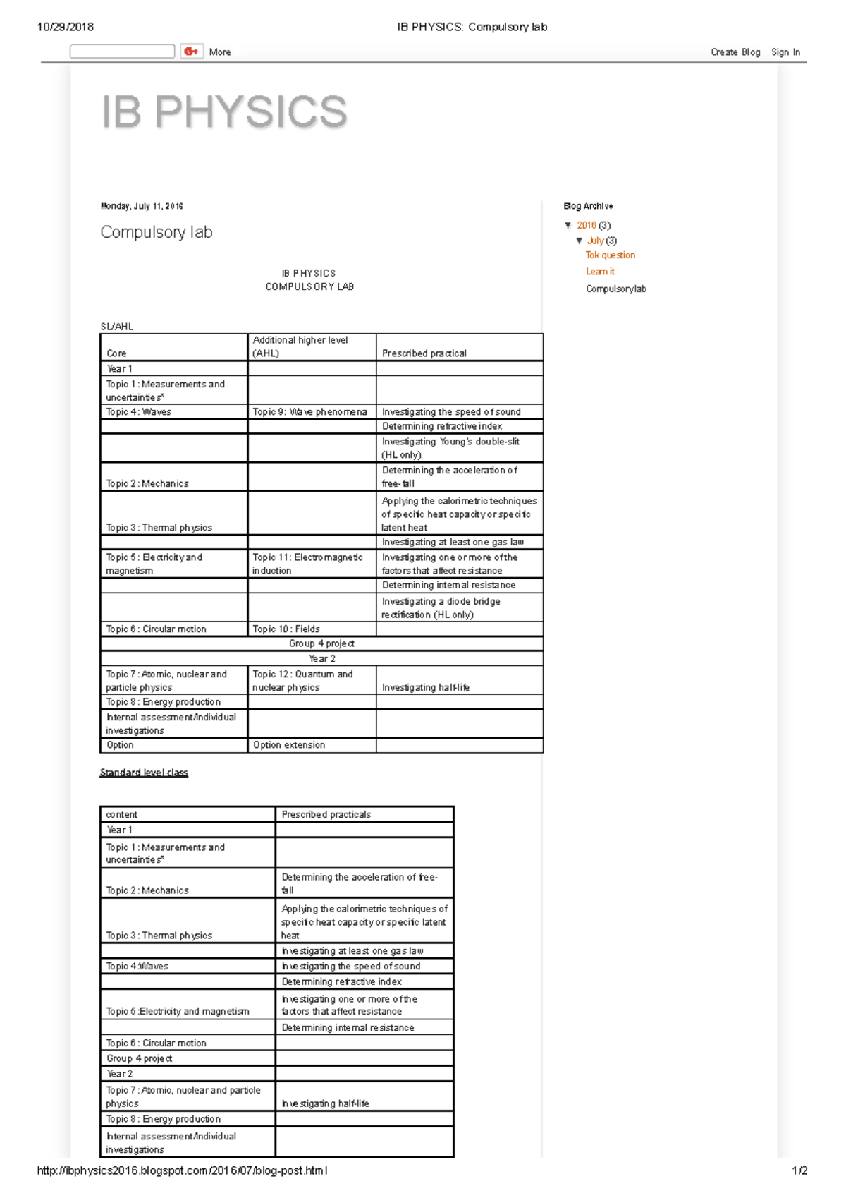 IB PHYSICS: Compulsory Lab Detailed Overview and Experiments - Studocu