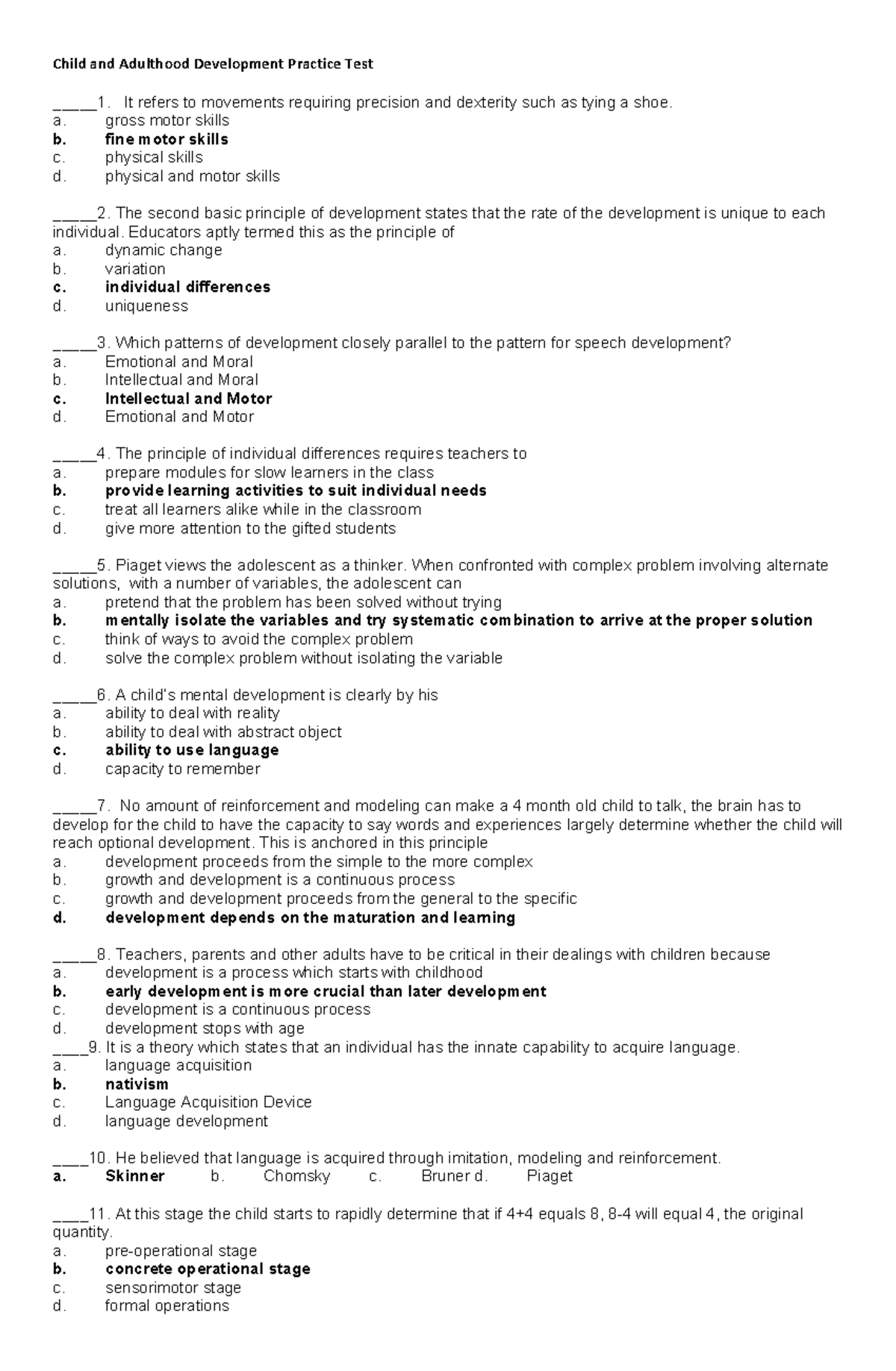 Child and Adulthood Development Practice Test (Development Psychology ...