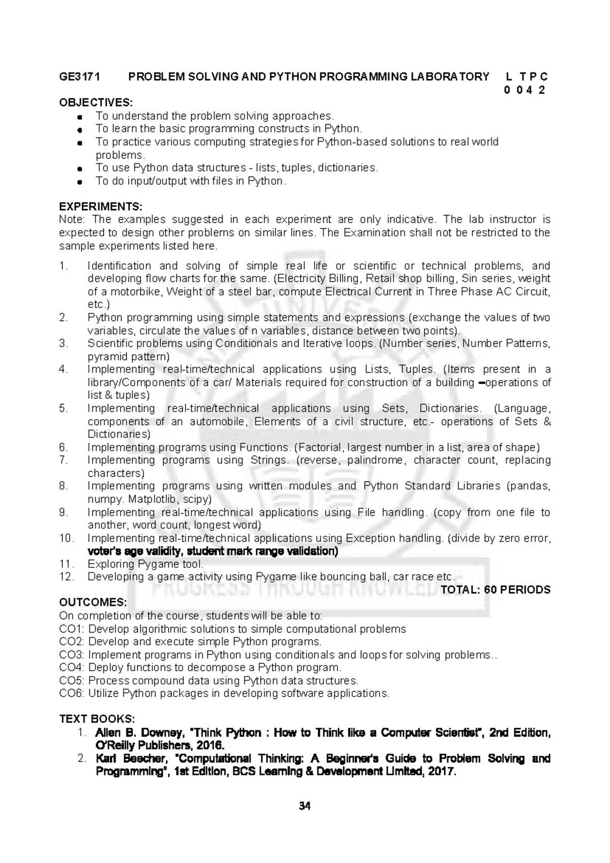 GE3171 Problem Solving & Python Programming Lab Syllabus - Studocu
