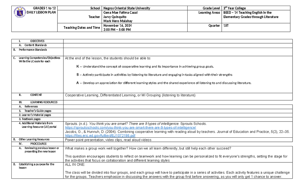 BEED 14 Lesson Plan: Cooperative & Differentiated Learning Activities ...