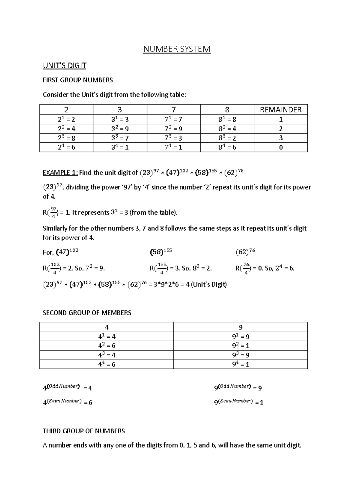 NUMBER SYSTEM: UNIT DIGIT ANALYSIS AND EXAMPLES - Studocu