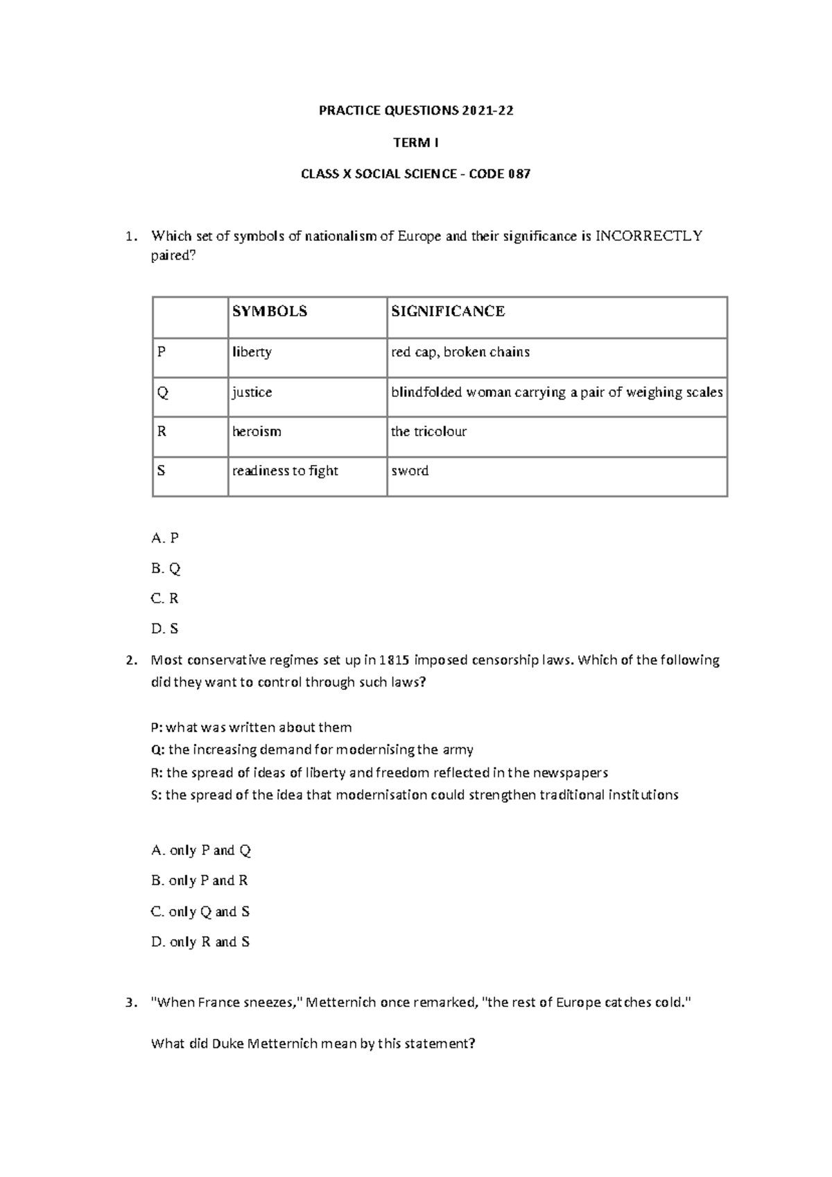 Practice Questions SST class 10 set 2 - PRACTICE QUESTIONS 2021- TERM I ...