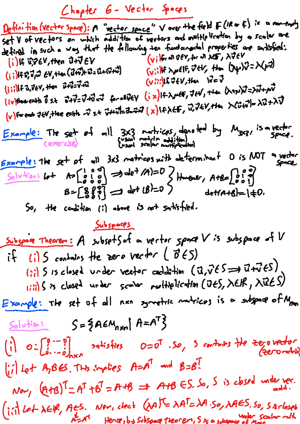 Chapter 6: Vector Spaces Review and Subspace Theorem Note - Studocu